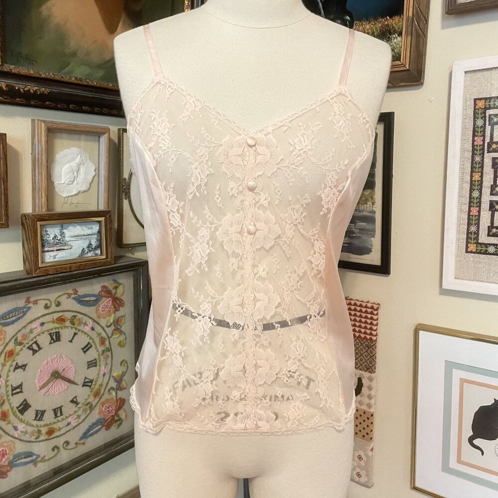 80s Vintage JCPenney Pink Sheer Lace & Nylon Camisole Size 40/XL